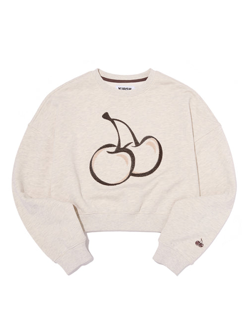 Big Cherry Embroidery Cropped Sweatshirt [Oatmeal]