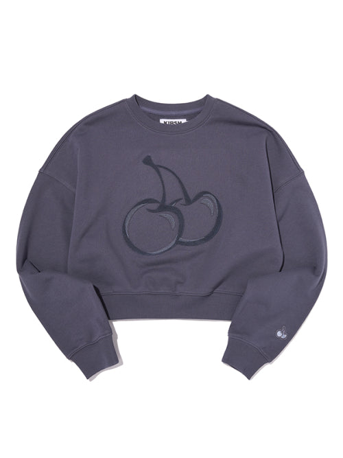 Big Cherry grass embroidery cropped sweatshirt [Navy]