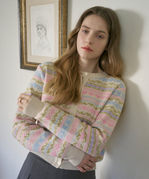 Wool Scheme Jacquard Knit Cardigan (Cream)