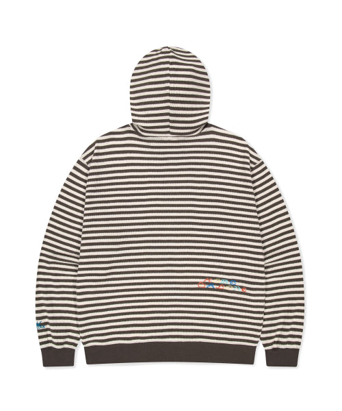 [HOME ALONe] Striped Waffle Zip Up Hoodie Brown