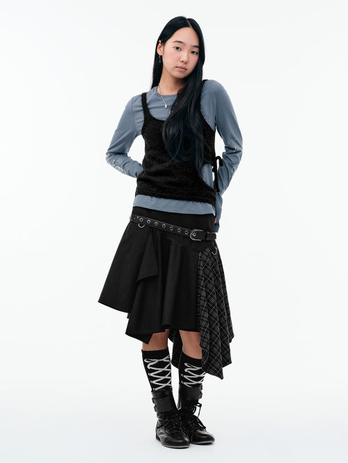 [SET] CUT-OUT RIBBON KNIT TANK & DRAWING LONG SLEEVES