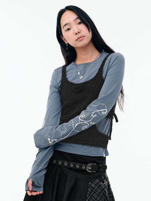 [SET] CUT-OUT RIBBON KNIT TANK & DRAWING LONG SLEEVES