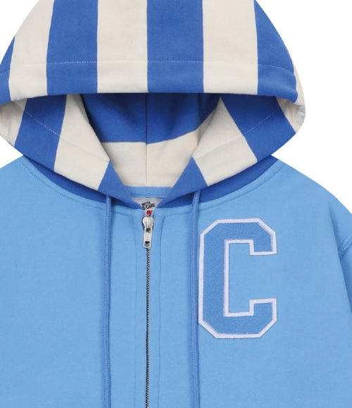 STRIPED-HOOD ZIP-UP HOODIE(BLUE)