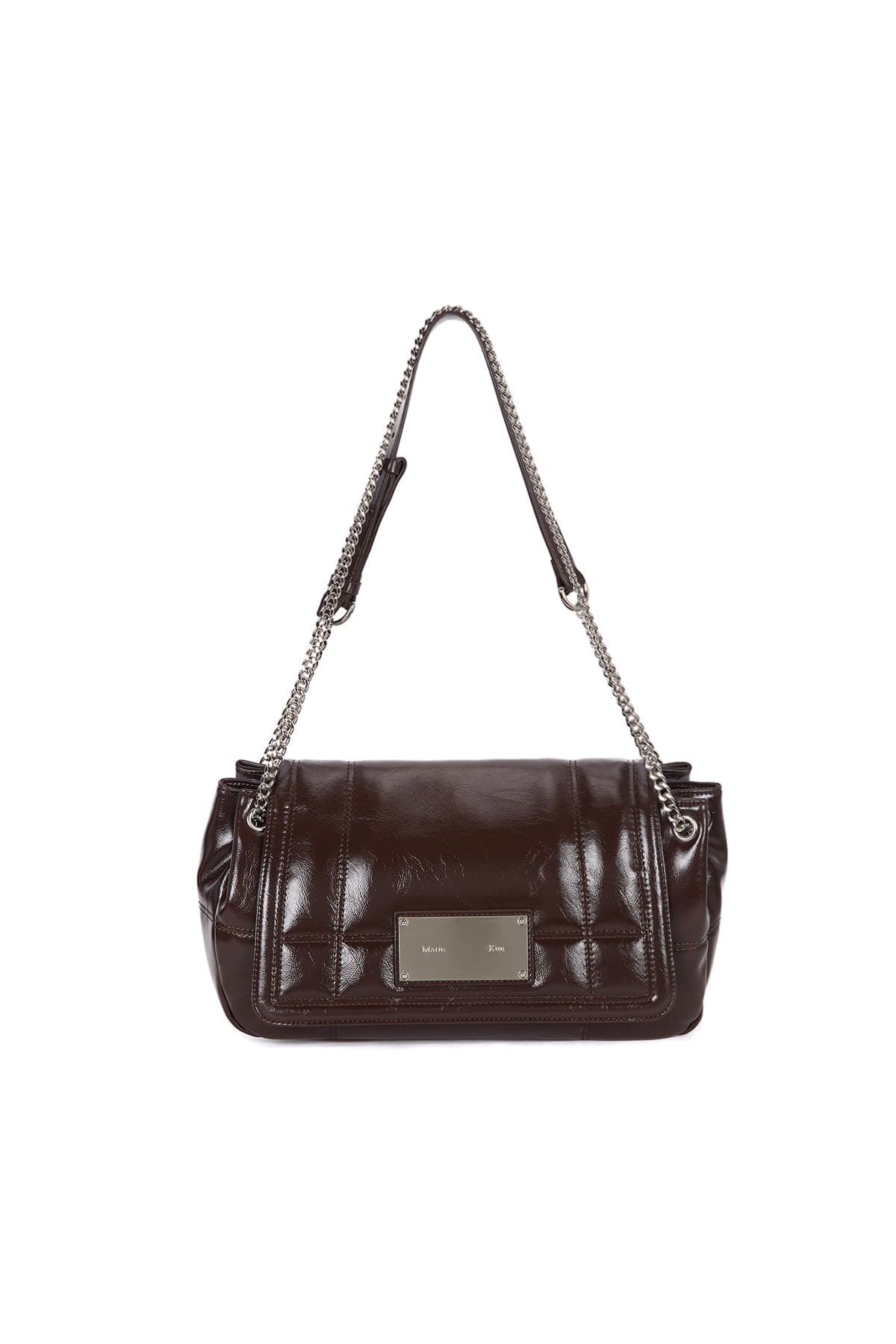 GLOSSY QUILTING MEDIUM CHAIN BAG IN DARK BROWN