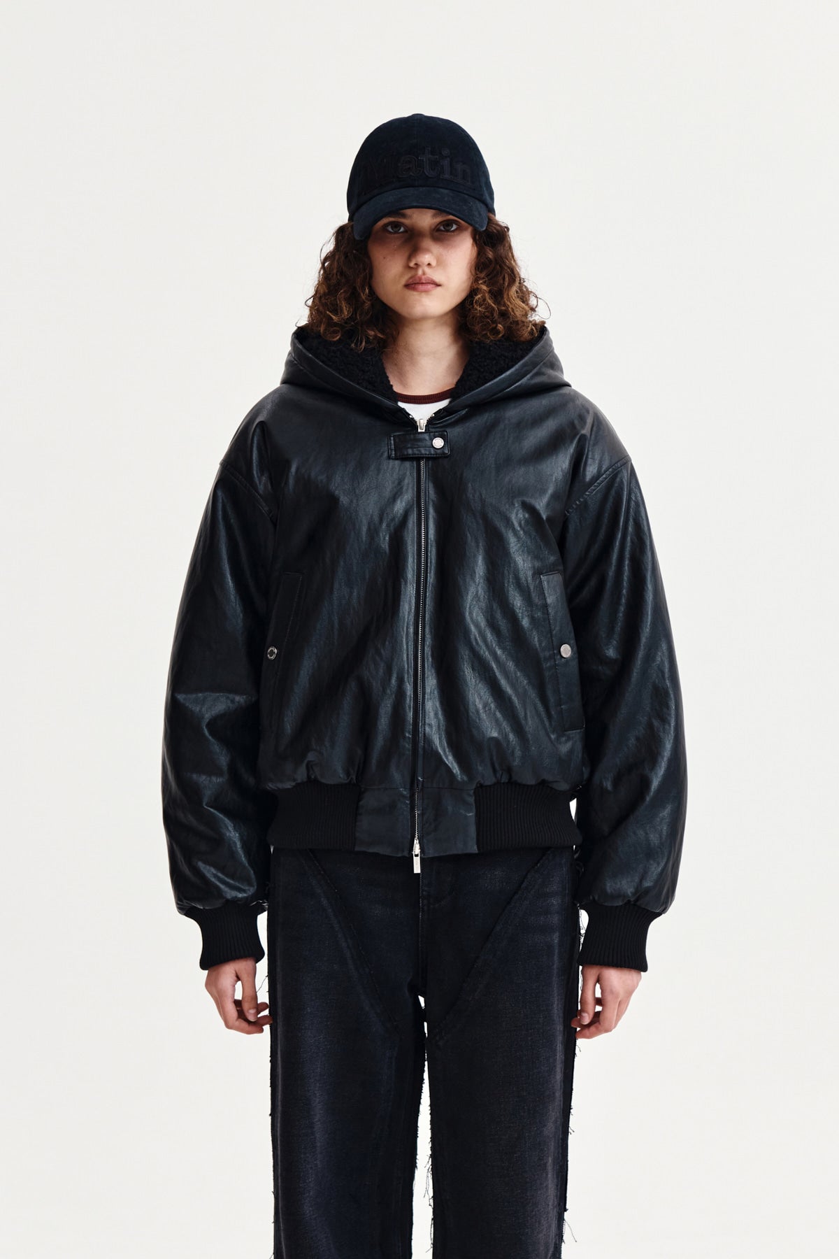 FAUX LEATHER ZIP UP HOODY IN BLACK