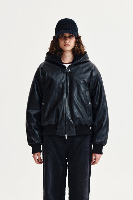FAUX LEATHER ZIP UP HOODY IN BLACK