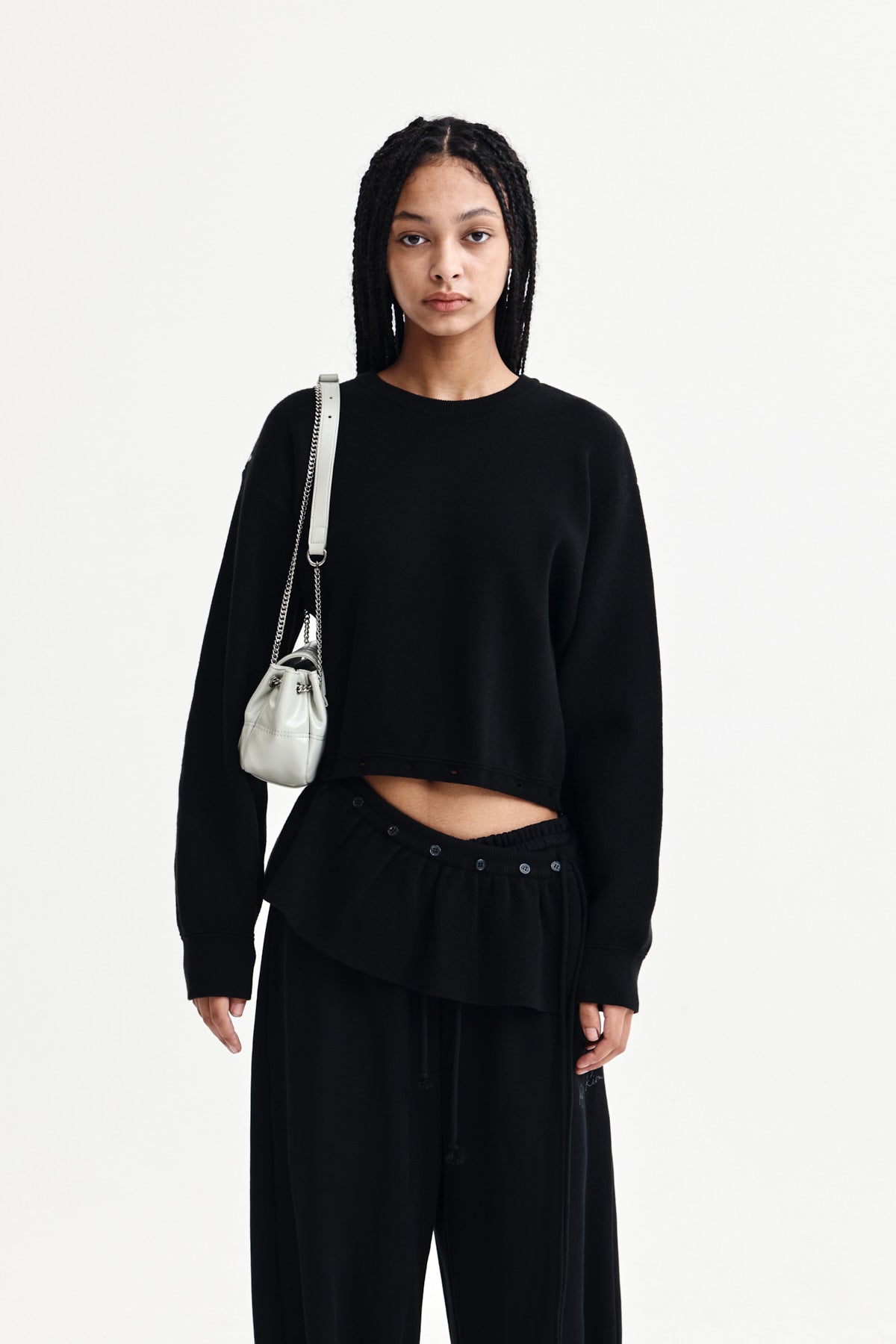 DETACHABLE SKIRT KNIT PULLOVER IN BLACK