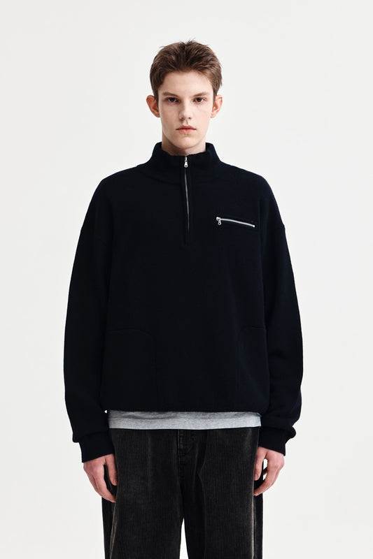 BACK LOGO HALF KNIT ZIP UP PULLOVER FOR MEN IN NAVY