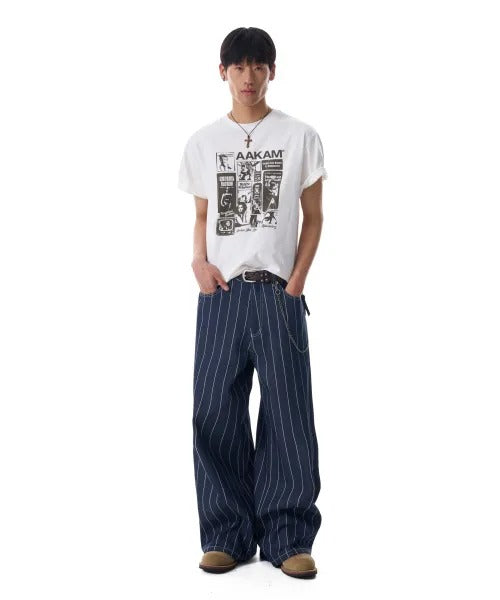 ★[aespa KARINA Worn] 【AAKAM】Striped Cinch Back Denim Pants (Blue)
