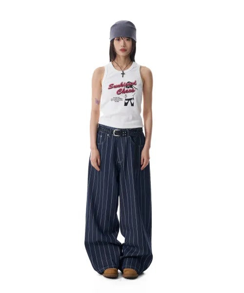 ★[aespa KARINA Worn] 【AAKAM】Striped Cinch Back Denim Pants (Blue)